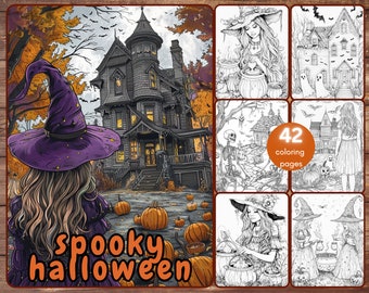 May include: A spooky Halloween coloring book with 42 pages featuring a witch, a haunted house, and pumpkins. The cover features a witch with purple hair and a purple hat walking towards a large, dark house.