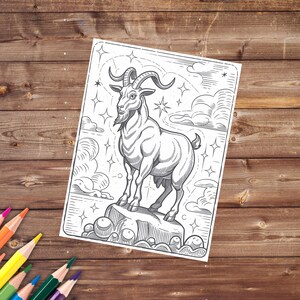 May include: A black and white line drawing of a goat standing on a rock with stars and clouds in the background.