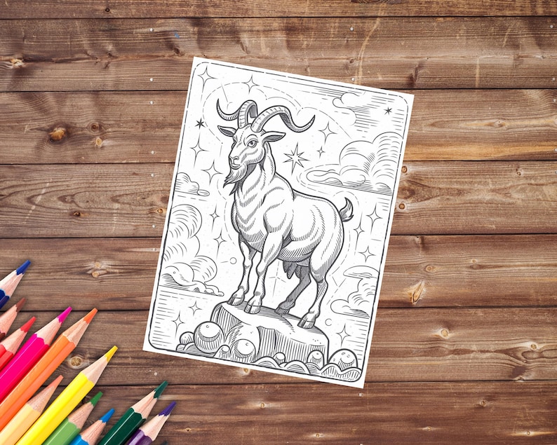 May include: A black and white line drawing of a goat standing on a rock with stars and clouds in the background.