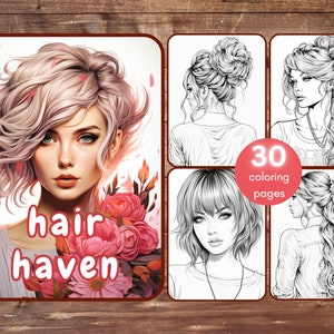 30 Hair Haven Coloring Book, Grayscale Women&#39;s Hairstyles Coloring Pages for Adults and Teens, Printable PDF, Instant Download