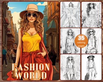 35 Fashion World Coloring Book, Grayscale Printable High Fashion Women Coloring for Adults, Runway Coloring, Modern Fashion Girls