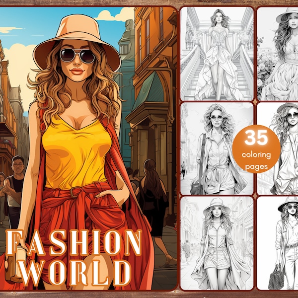 35 Fashion World Coloring Book, Grayscale Printable High Fashion Women Coloring for Adults, Runway Coloring, Modern Fashion Girls