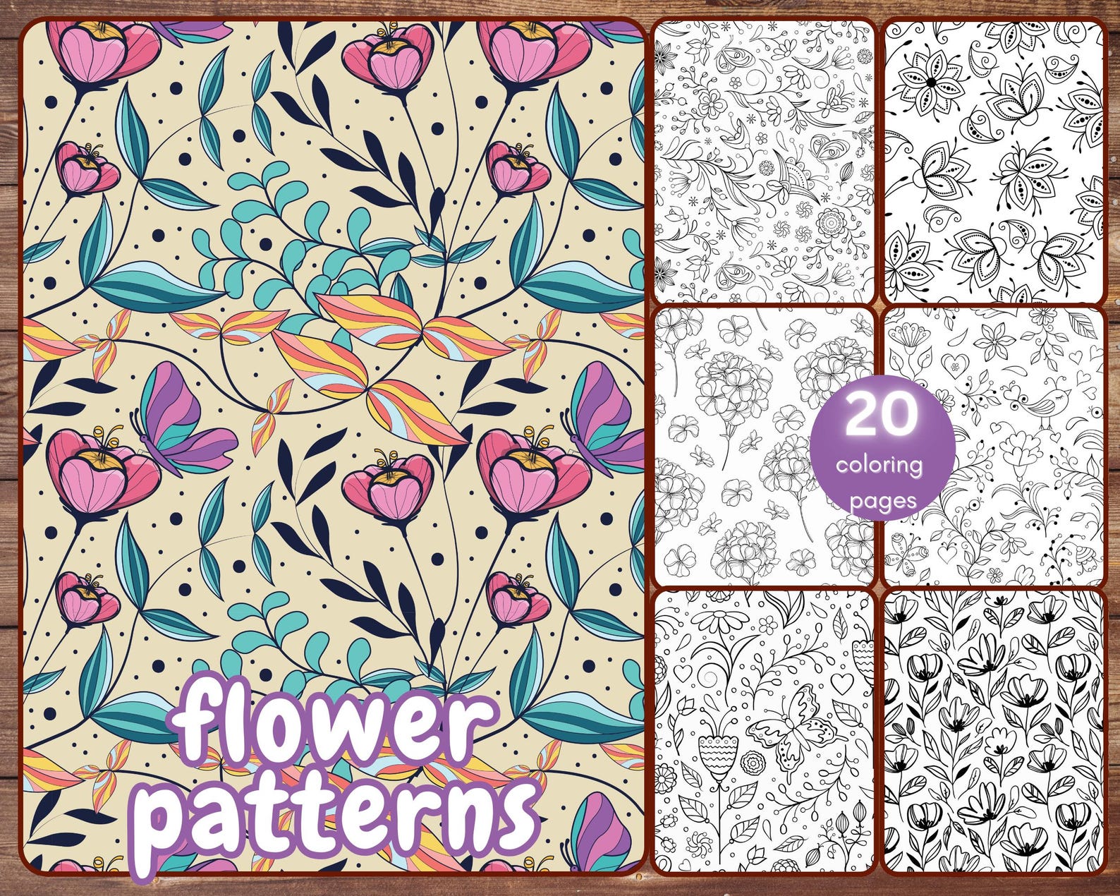 20 Flower Patterns Coloring Book, Printable Floral Patterns for Stress ...