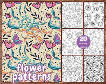 20 Flower Patterns Coloring Book, Printable Floral Patterns for Stress Relief for Adults and Teens, Printable PDF, PNG, Instant Download