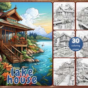 30 Häuser am See, druckbare Traumhaus Malseiten, Graustufen Malbuch für Erwachsene, Fantasy Färbung, druckbare PDF