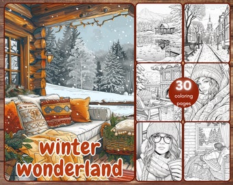 30 Winter Wonderland Coloring Book, Grayscale Winter Coloring Pages for Adults, Cozy Cabin Snow, Seasons, Printable PDF, Instant Download