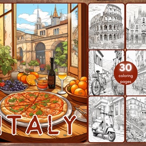 30 Italy Coloring Book, Grayscale Travel Destinations Coloring for Adults, Rome Venice Milan, Italian Food, Pizza, Printable PDF
