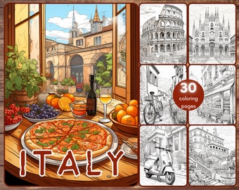 30 Italy Coloring Book, Grayscale Travel Destinations Coloring for Adults, Rome Venice Milan, Italian Food, Pizza, Printable PDF