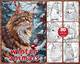 30 Winter Animals Coloring Book, Grayscale Animals and Hats Coloring Pages for Adults Kids, Cats, Dogs, Printable PDF, Instant Download