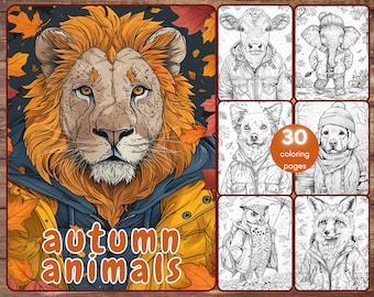 30 Fall Animals Coloring Book, Grayscale Animals and Jacket Coloring Pages for Adults Kids, Autumn, Printable PDF, Instant Download