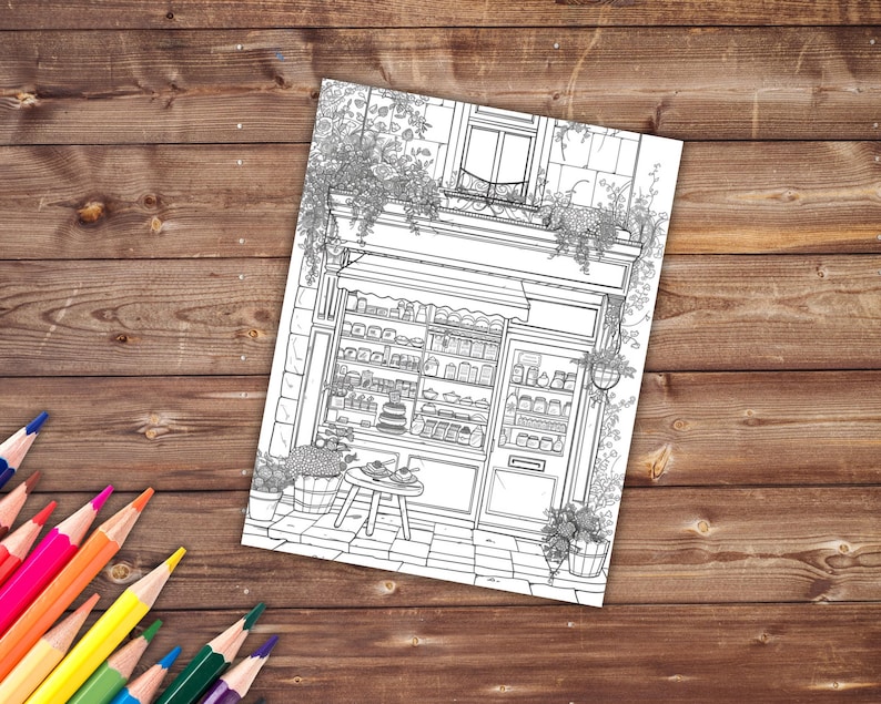 May include: A black and white line drawing of a storefront with a window display of various goods. The storefront is decorated with flowers and vines. There is a small table and chairs outside the store.
