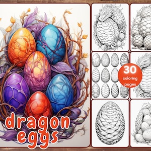 30 Dragon Eggs Coloring Book, Grayscale Fantasy Dragons Coloring Pages for Adults and Teens, Printable PDF, Instant Download