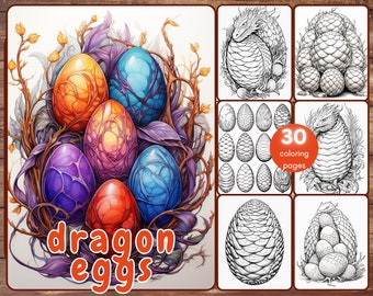 May include: A set of 30 coloring pages featuring dragon eggs in various colors and patterns. The cover image shows a nest of five dragon eggs with intricate designs.