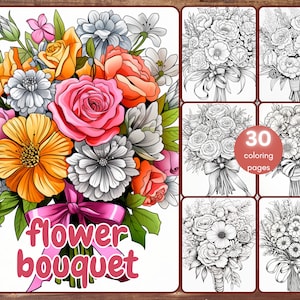 30 Flower Bouquet Coloring Book, Grayscale Floral Coloring Pages, Ribbons, Roses, Daisies, Printable PDF, Instant Download