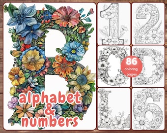86のアルファベットと数字の塗り絵、大人向けのグレースケール文字の塗り絵ページ、花、印刷可能なPDF、すぐにダウンロード