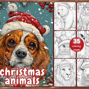 35 livres de coloriage animaux de Noël, animaux d'hiver en niveaux de gris à colorier pour adultes et enfants, PDF imprimable, téléchargement immédiat