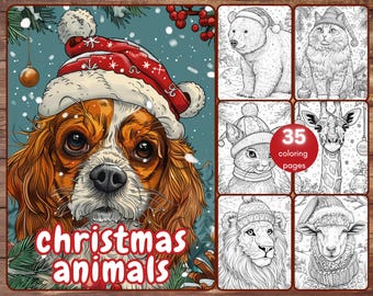 35 Christmas Animals Coloring Book, Grayscale Winter Animals Coloring for Adults and Kids, Printable PDF, Instant Download