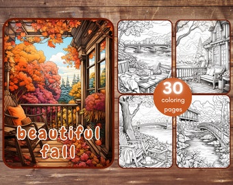 30 Beautiful Fall Coloring Book, Cozy Autumn, Thanksgiving, Season Coloring, Pumpkins, Autumn Leaves, Instant