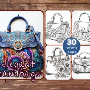 30 Elegante Handtaschen Malbuch, Graustufen Fantasie Frau Mode Färbung für Erwachsene, geblümte Taschen, printable PDF, Instant Download