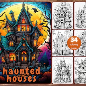Libro para colorear de 34 casas embrujadas, páginas para colorear de Halloween en escala de grises para adultos y niños, casas espeluznantes, PDF imprimible, descarga instantánea