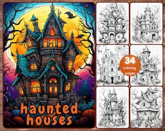 34 Haunted Houses Coloring Book, Grayscale Halloween Coloring Pages for Adults and Kids, Spooky Houses, Printable PDF, Instant Download