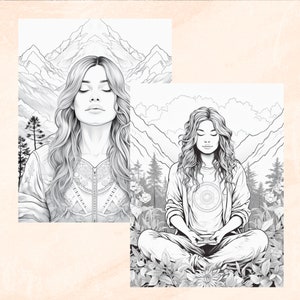 May include: Two black and white line drawings of women meditating in nature. The first woman is wearing a jacket with a zipper and intricate design. The second woman is wearing a simple shirt with a mandala design. Both women are surrounded by mountains, trees, and flowers.