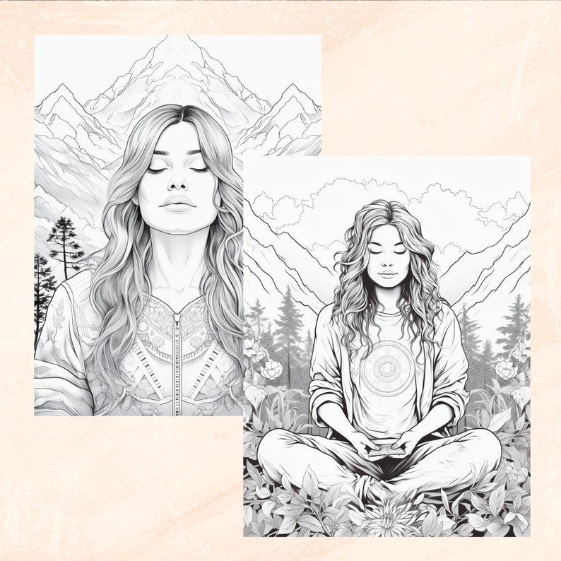 May include: Two black and white line drawings of women meditating in nature. The first woman is wearing a jacket with a zipper and intricate design. The second woman is wearing a simple shirt with a mandala design. Both women are surrounded by mountains, trees, and flowers.