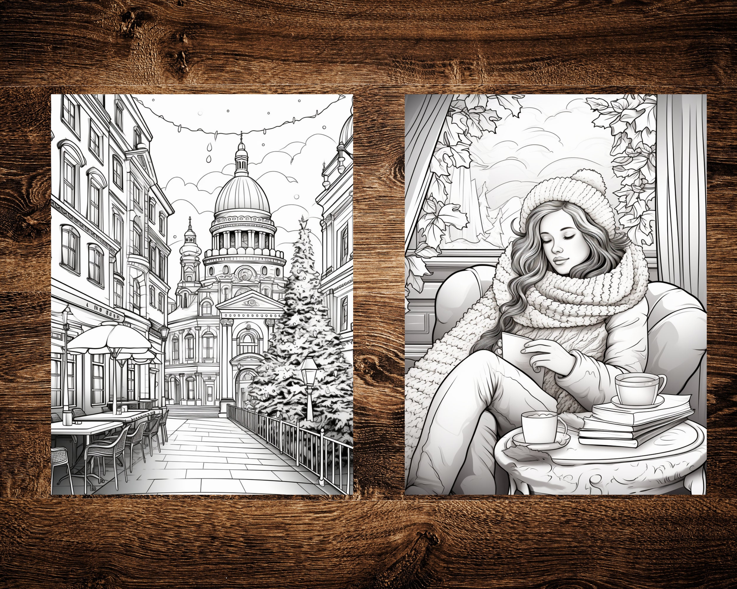 20 Cozy Christmas Coloring Book, Grayscale Printable Christmas Coloring