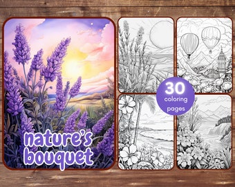 May include: A coloring book with 30 pages featuring nature scenes. The cover image shows a field of purple lavender flowers with a sunset in the background. The text "nature's bouquet" is printed on the cover.