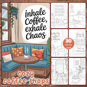 30 Cozy Coffee Shops Coloring Book, Easy Cafe Coloring Pages for Adults, Cafe Interior, Procreate, PNG, Printable PDF, Instant Download
