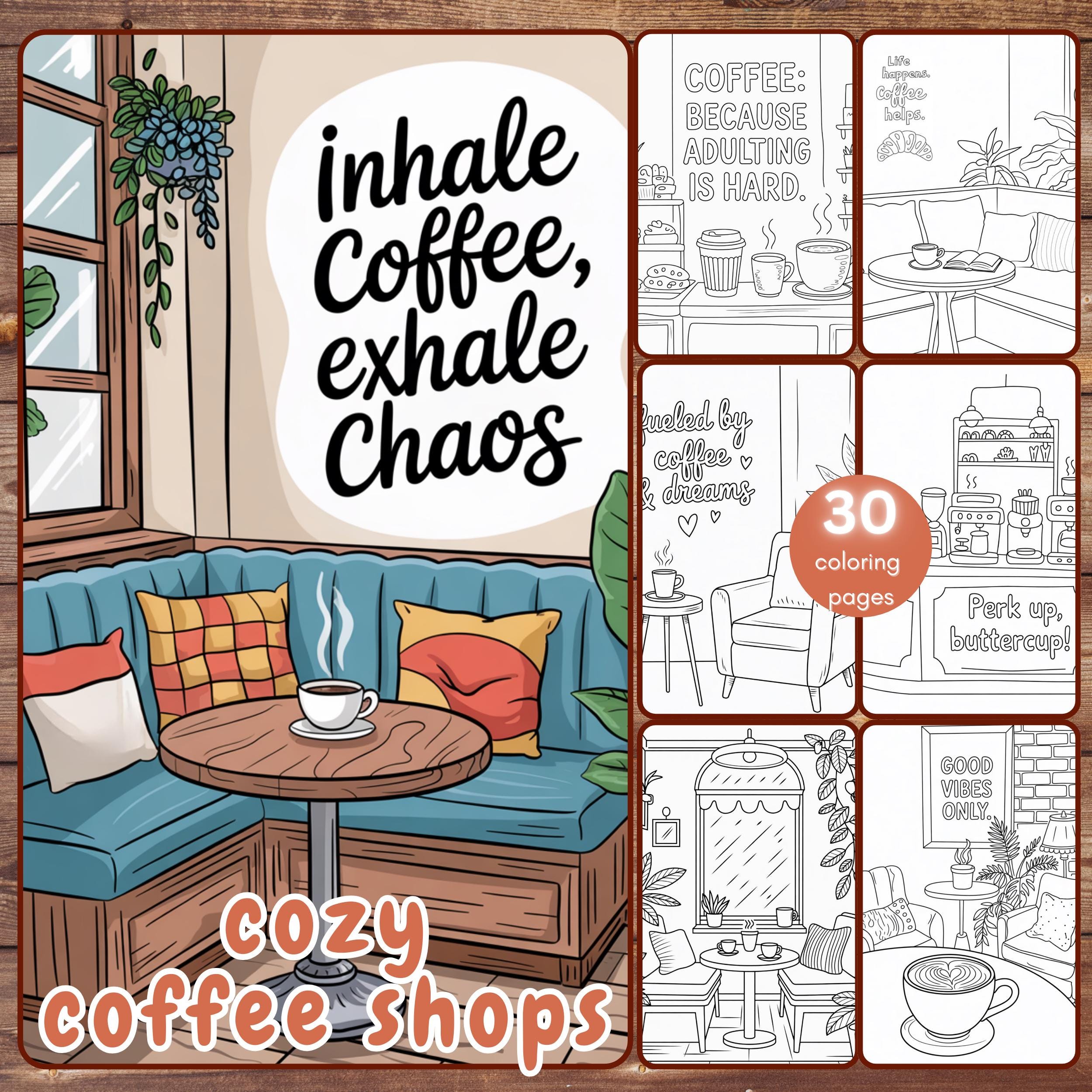 30 Cafeterías acogedoras Libro para colorear – Páginas fáciles de interiores de café para adultos, PDF y PNG imprimibles, compatible con Procreate, descarga instantánea