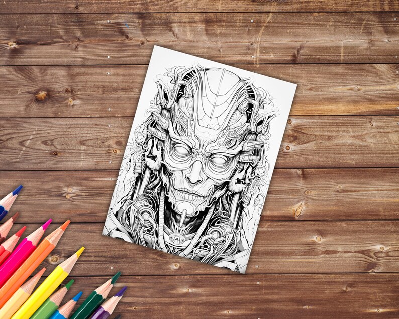 May include: A black and white line drawing of a detailed, intricate, and futuristic robot head with a mechanical design.