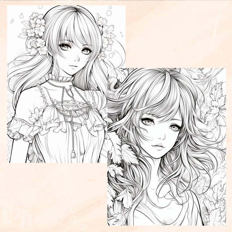 30 Anime Girls Coloring Book, Grayscale Printable Anime Manga Coloring ...