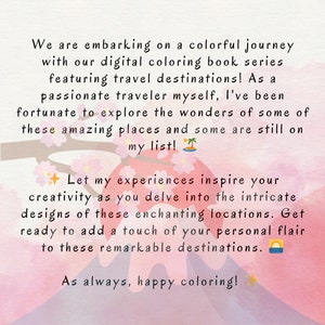 May include: A pink and white illustration of a cherry blossom tree with the text "We are embarking on a colorful journey with our digital coloring book series featuring travel destinations! As a passionate traveler myself, I've been fortunate to explore the wonders of some of these amazing places and some are still on my list! Let my experiences inspire your creativity as you delve into the intricate designs of these enchanting locations. Get ready to add a touch of your personal flair to these remarkable destinations. As always, happy coloring!"
