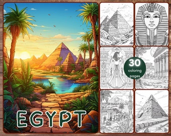 30 Ancient Egypt Coloring Book, Grayscale Pyramids Coloring Pages for Adults, Sphinx, Travel Destinations, Printable PDF, Instant Download