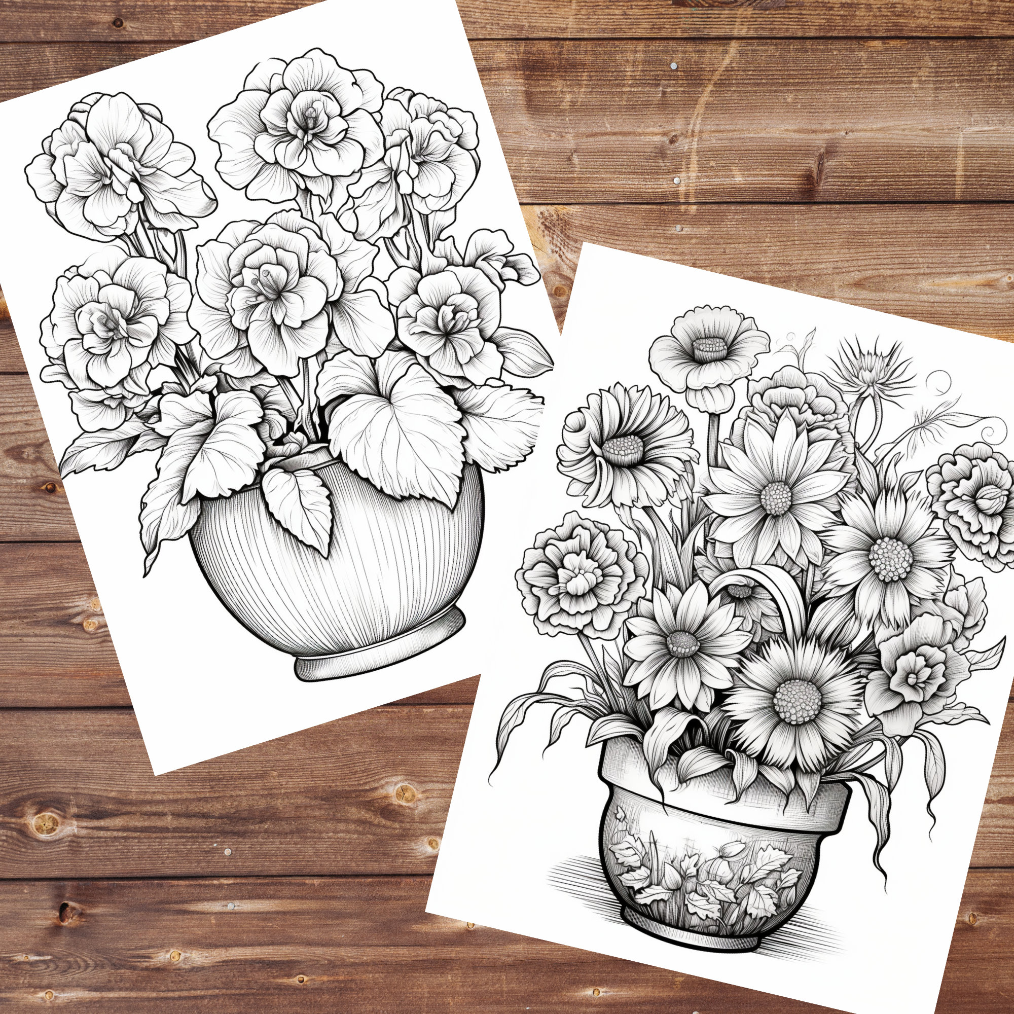 30 Flowers in Pots Coloring Book, Grayscale Floral Coloring Pages ...