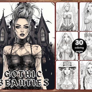 Libro para colorear de 30 bellezas góticas, dibujos de mujeres góticas en escala de grises para adultos, hermosa mujer gótica punk, corsés, descarga instantánea
