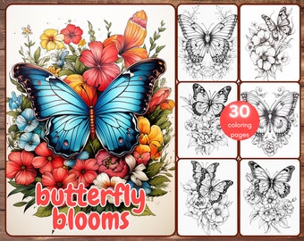 30 Butterfly Blooms Coloring Book, Grayscale Butterflies and Flowers Coloring Pages for Adults and Teens, Printable PDF, Instant Download