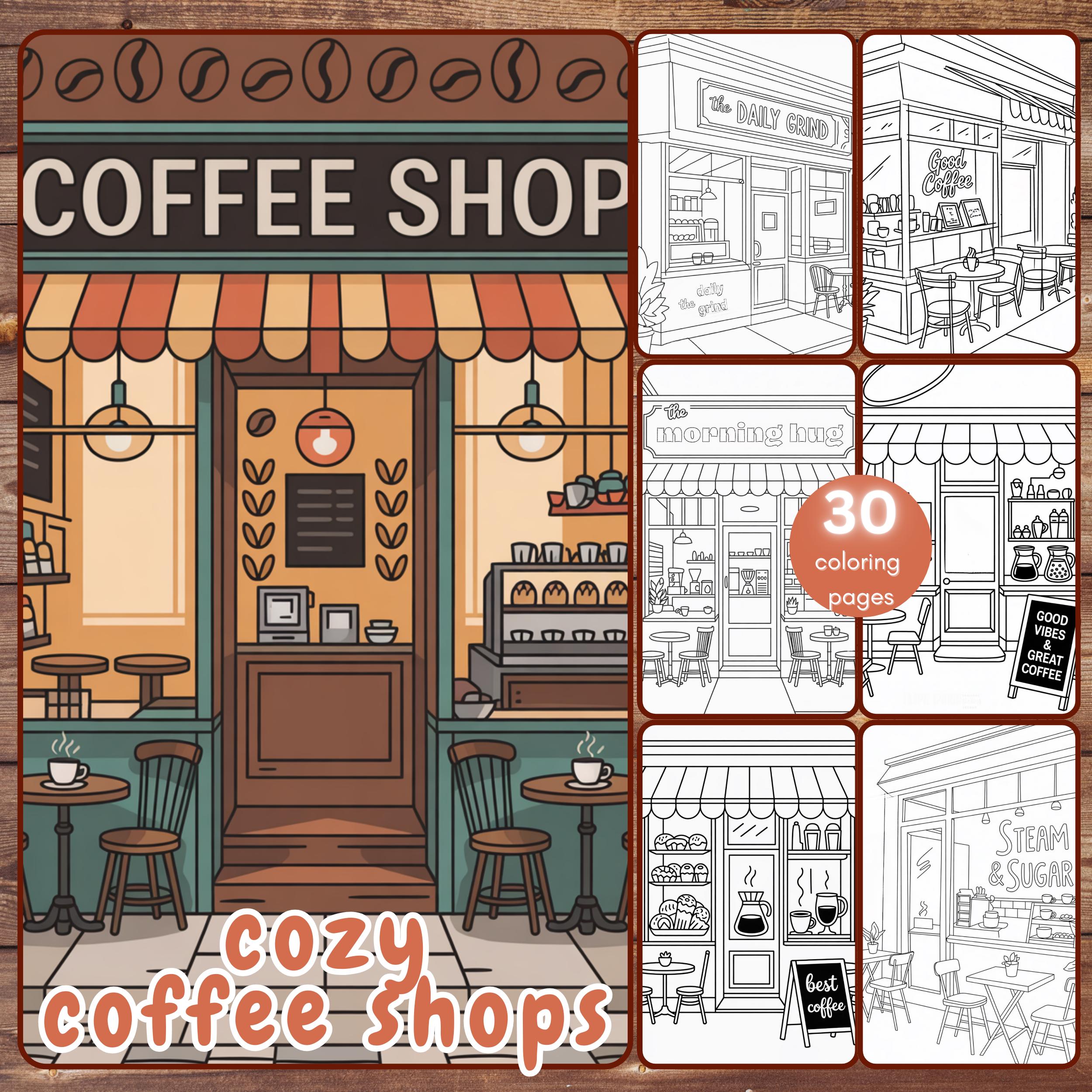 30 fachadas de cafeterías acogedoras – Libro de colorear para adultos, páginas fáciles, PDF y PNG, compatible con Procreate, descarga instantánea