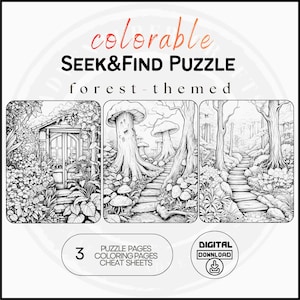 Puede incluir: Un rompecabezas de búsqueda y hallazgo con temática de bosque en blanco y negro con tres paneles. Los paneles representan escenas de un bosque con senderos, setas y un pequeño edificio. El texto "colorable" y "SEEK&FIND PUZZLE" están en la parte superior.