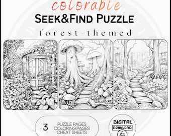 Colorable Forest Seek and Find Printable Puzzle, Hidden Objects Activity Pages (Digital Download)