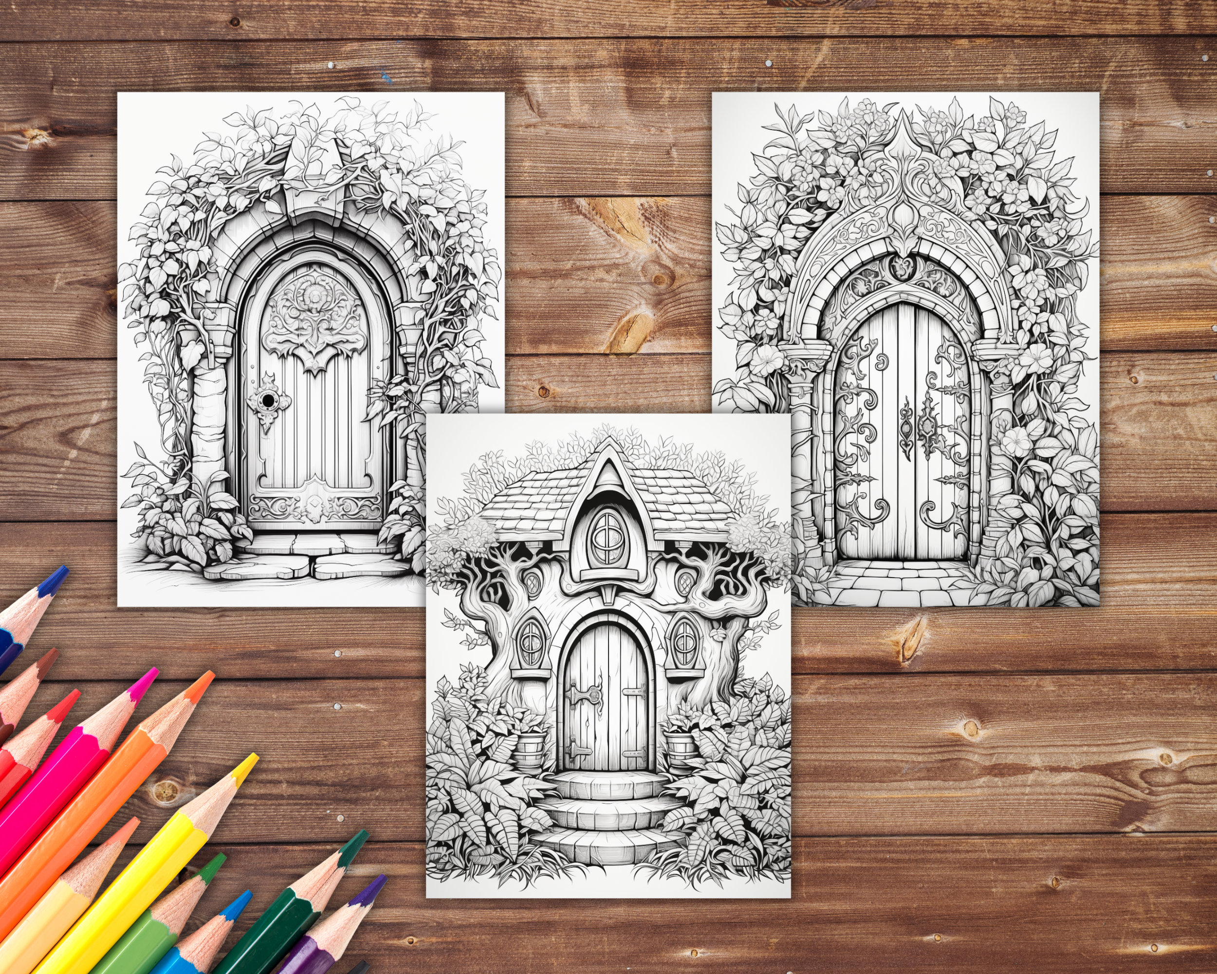 30 Magical Doors Coloring Book, Grayscale Fantasy Secret Doors Coloring ...