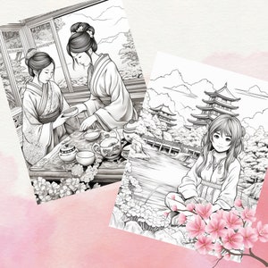 May include: Two women in traditional Japanese clothing are sitting at a table with teacups and a teapot. The scene is set in a garden with cherry blossoms.