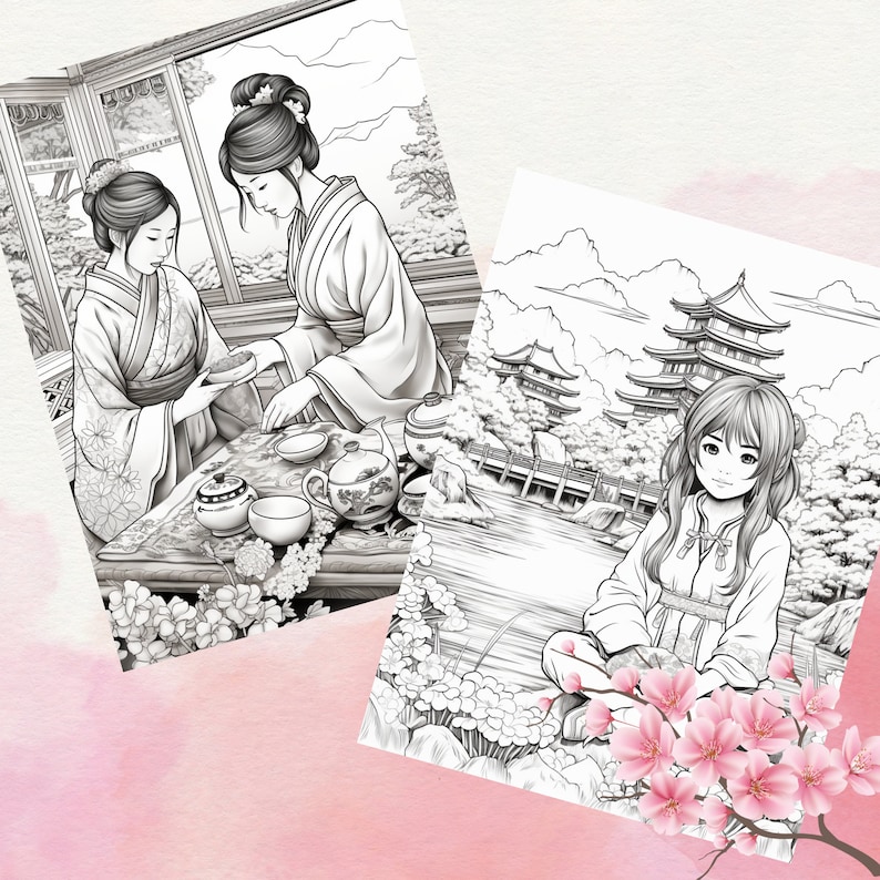 May include: Two women in traditional Japanese clothing are sitting at a table with teacups and a teapot. The scene is set in a garden with cherry blossoms.