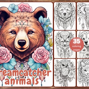 35 Traumfänger Tiere Malbuch, Graustufen Fantasietiere und Blumen Malseiten, Federn, druckbare PDF, Instant Download