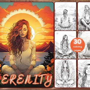 30 Meditation Coloring Book, Grayscale Serenity Coloring Pages for Adults, Mindfulness in Nature, Spirituality, Printable PDF