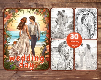 30 Wedding Day Coloring Book, Grayscale Printable PDF Beach Wedding Coloring for Adults, Valentine's Day, Boho, Royal, Instant Download