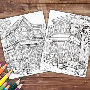 May include: Two black and white line drawings of storefronts. The first storefront is a small shop with a large window and a sign that says "The Flower Shop". The second storefront is a larger building with a tree in front of it.