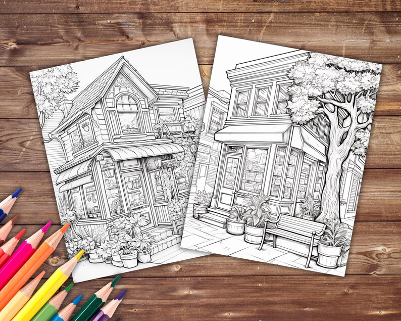 May include: Two black and white line drawings of storefronts. The first storefront is a small shop with a large window and a sign that says "The Flower Shop". The second storefront is a larger building with a tree in front of it.