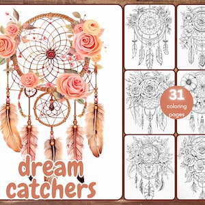 31 Traumfänger Traumfänger Malbuch, Graustufen Fantasy Floral Traumfänger Malseiten für Erwachsene und Jugendliche, sofortiger Download, druckbare PDF